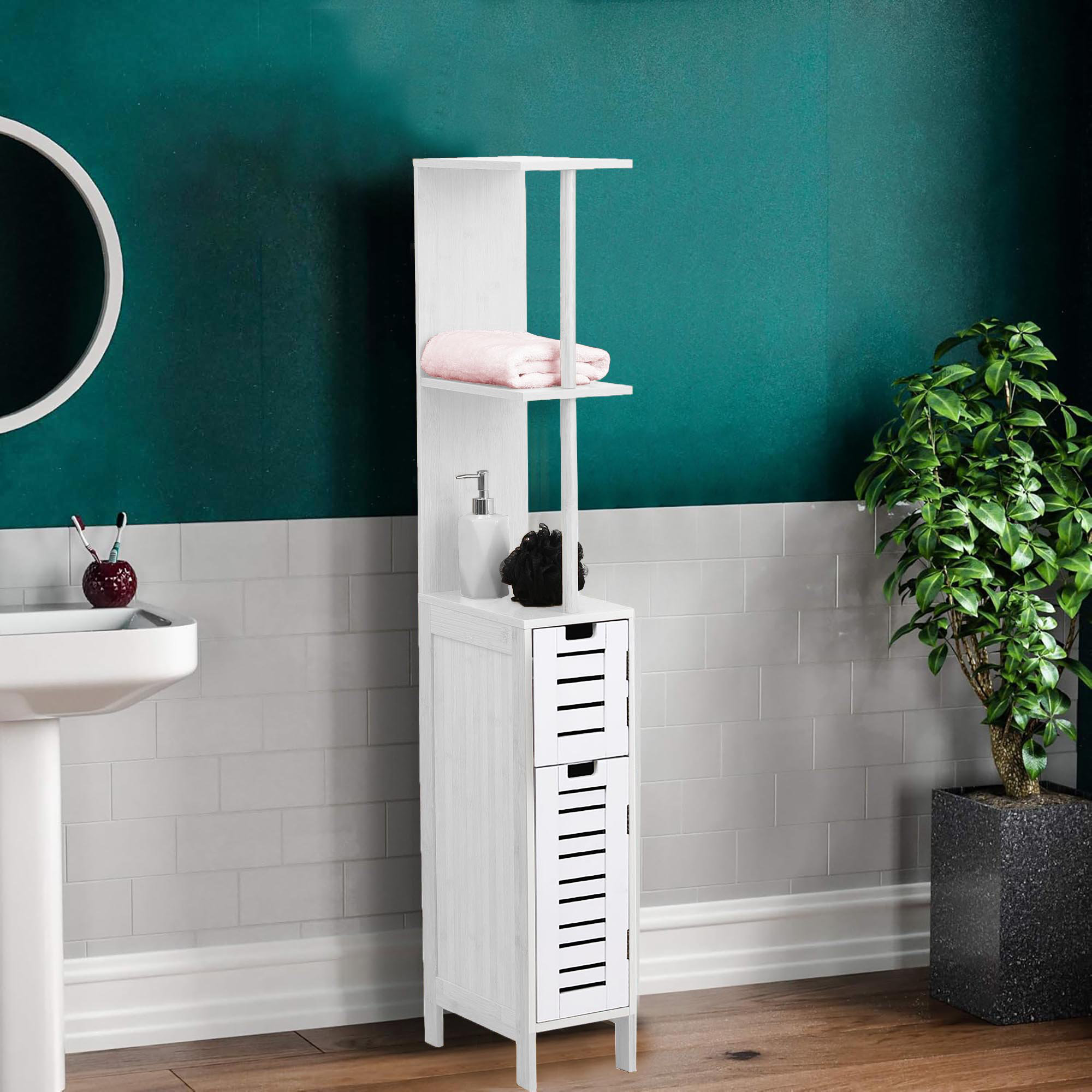 Evideco Miami Slim Bathroom Storage Cabinet with Open Shelves and Two Doors White Wayfair